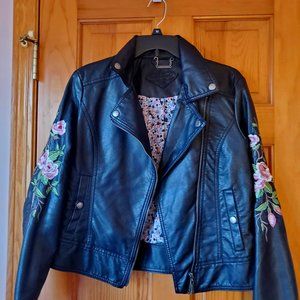 Faux Leather jacket with rose embroidery